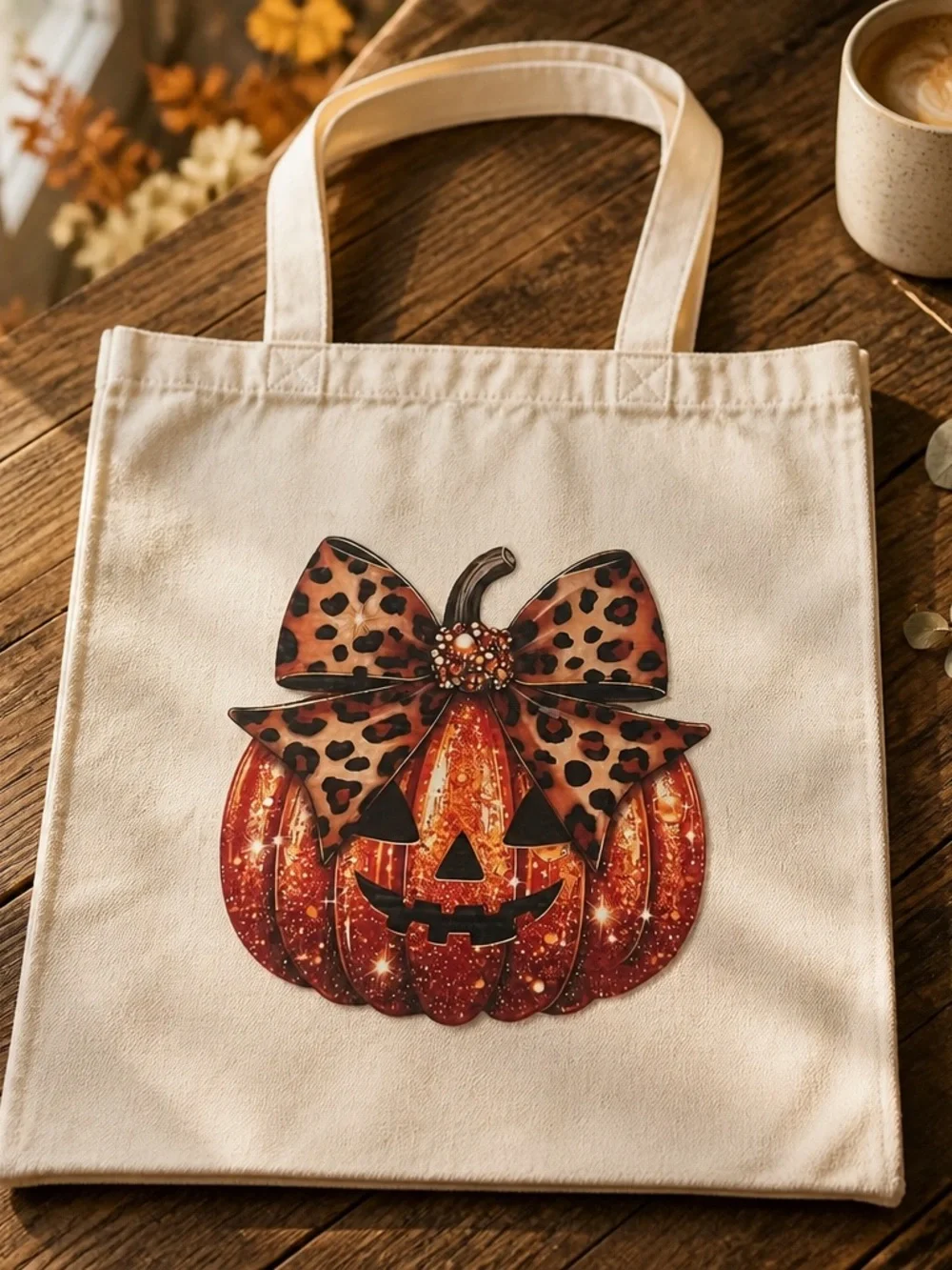 Cream Halloween Pumpkin Tote Bag with Leopard Bow Canvas